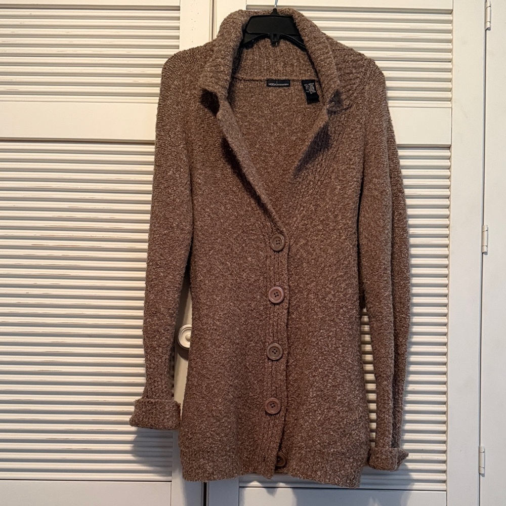 MODA INTERNATIONAL Taupe Boucle Knit Cardigan Sweater